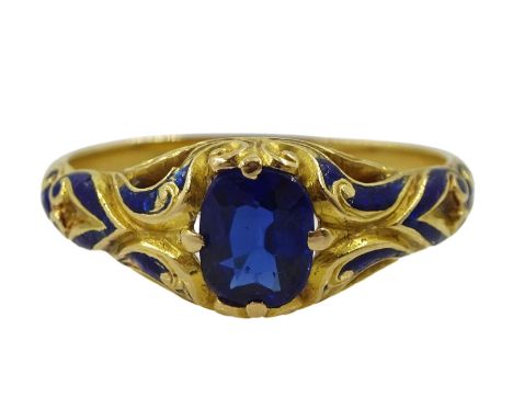 19th/early20th century Continental 18ct gold synthetic sapphire ring, with blue enamel shoulders