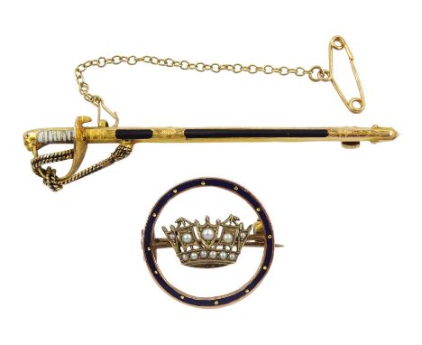 9ct gold and enamel Naval dirk design brooch, Birmingham 1951 and a 9ct gold split pearl and enamel Naval crown brooch, Birmi