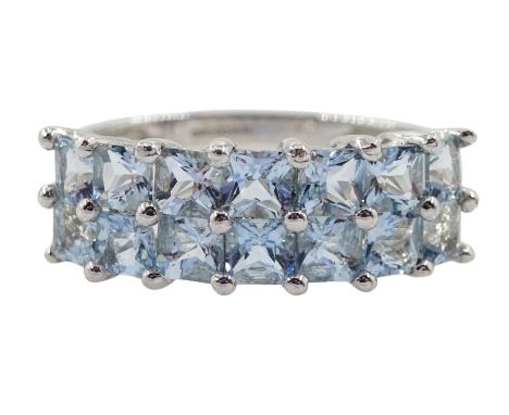 9ct white gold two row princess cut blue topaz ring, hallmarked