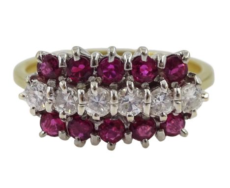 18ct gold round brilliant cut diamond and ruby three row ring, hallmarked
