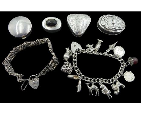 Silver charm bracelet, Art Nouveau style silver pill box, silver stone set pill box and two others and a silver gate bracelet