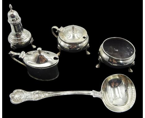 Three piece silver cruet by Reid &amp; Sons Ltd, London 1915, Victorian silver sauce ladle by The Portland Co, London 1859 an