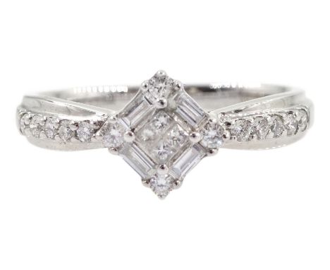 White gold baguette and round brilliant cut diamond dress ring stamped 18K 750