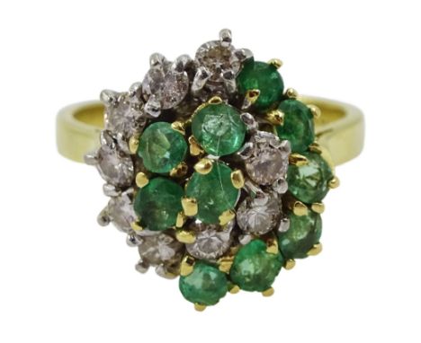 18ct gold round brilliant cut diamond and emerald cluster ring, stamped