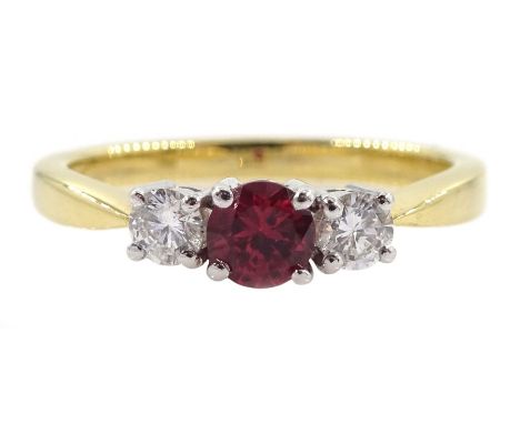 18ct gold three stone round ruby and round brilliant cut diamond ring, hallmarked