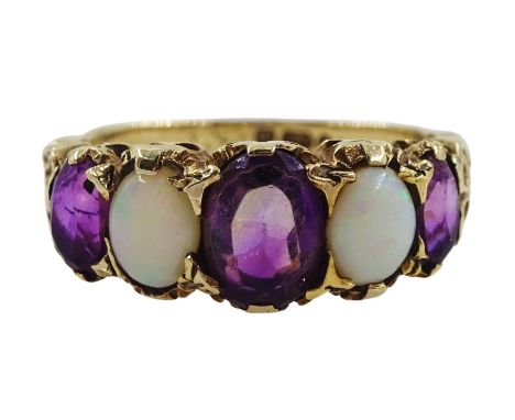 9ct gold five stone opal and amethyst ring, hallmarked