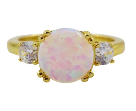 Silver-gilt three stone opal and cubic zirconia ring, stamped 925