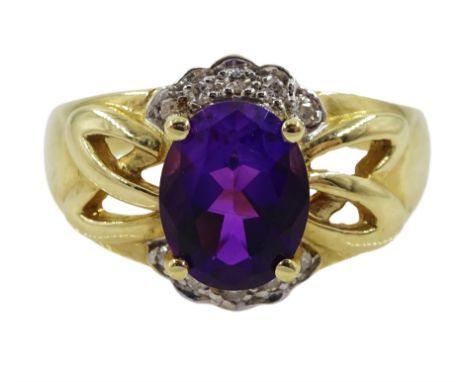 9ct gold oval amethyst and diamond chip ring, hallmarked