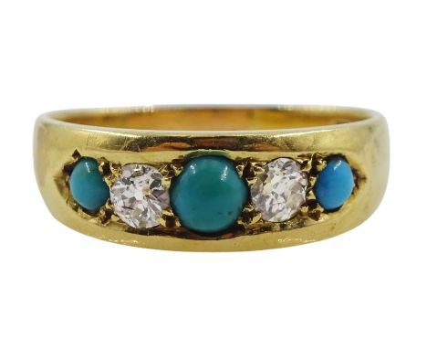 Early 20th century five stone turquoise and diamond ring, stamped 18ct, 