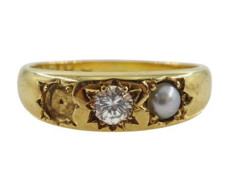 Early 20th century 18ct gold diamond and split pearl gypsy set ring, hallmarked