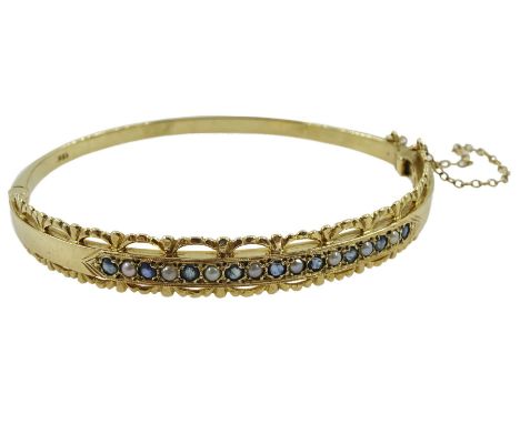 Mid-late 20th century 9ct gold sapphire and split pearl hinged bangle, hallmarked