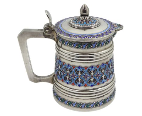 19th century Russian silver lidded jug, with raised cloisonné enamel band decoration by Ivan Khlebnikov, Cyrillic master's ma