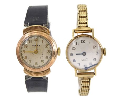 Audax 9ct gold ladies manual wind wristwatch, Chester 1947, on black leather strap and one other 9ct gold ladies manual wind 