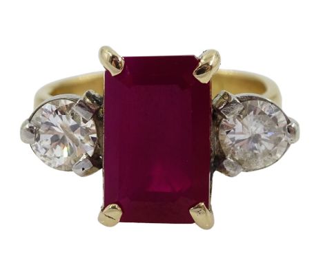 18ct gold three stone emerald cut ruby and round brilliant cut diamond ring, hallmarked, total diamond weight approx 0.90 car