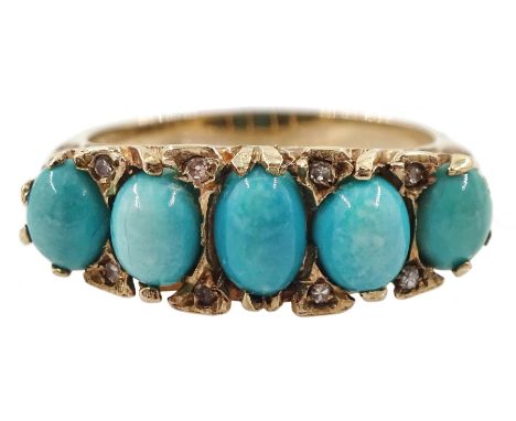 Gold five stone turquoise ring, with eight diamond chip accents set between, stamped 9ct