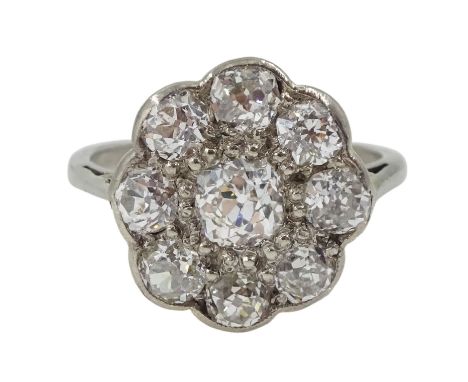 Early 20th century 18ct white gold nine stone old cut diamond, pave set cluster ring, total diamond weight approx 1.00 carat