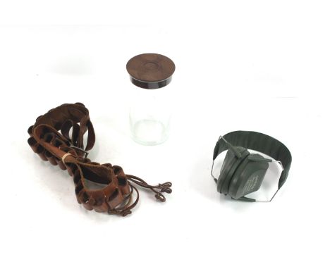 A mixed lot including vintage leather cartridge belt with game carrier; a pair of Deben Slim Passive ear protection; and a gl