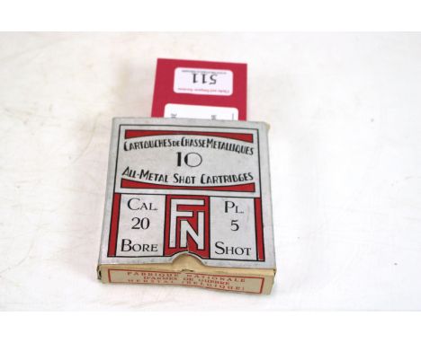A box of ten 20 bore all metal cartridges by F.N. NB This item can only be purchased by someone with a current valid shotgun 