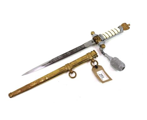 A Third Reich era Kriegsmarine Officers dress dagger by Eickhorn with "Lightening" pattern scabbard. A very good example exce