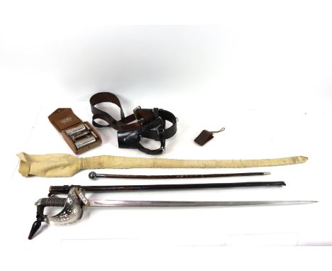 A British 1897 Patt officers sword (ER VII) with scabbard, black Sam Browne with sword frog, Kenya Police swagger stick and h