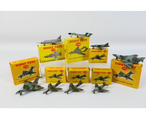 Dinky Toys - A squadron of eight boxed Dinky Toy model aircraft. Lot includes Dinky #737 P.IB Lightning Fighter; #738 DH110 S