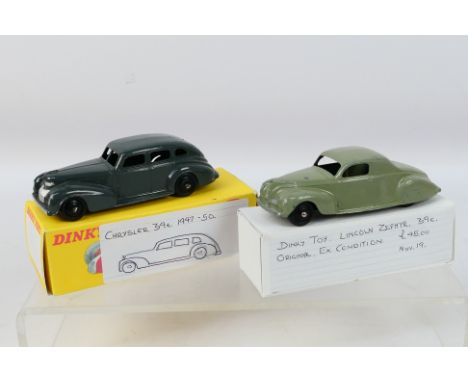 Dinky - 2 x cars, Lincoln Zephyr in light grey # 39c and Chrysler sedan in dark grey # 39e. The models appear in Very Good co