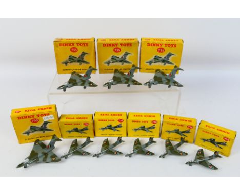 Dinky Toys - Nine boxed Dinky Toy model aircraft. Lot includes Dinky #736 Hawker Hunter (x5) with #735 Gloster Javelin (x4). 