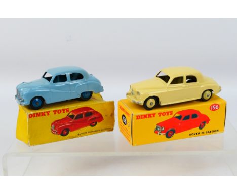 Dinky - 2 x cars, Austin Somerset in light blue with mid blue hubs # 161 and Rover 75 in cream with cream hubs # 156. The mod