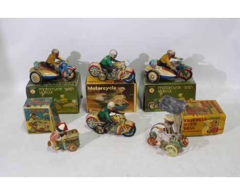 Vintage Tinplate - A collection of clockwork tinplate toys including Motorcycle x 2, Motorcycle with Sidecar x 2, Tricycle wi