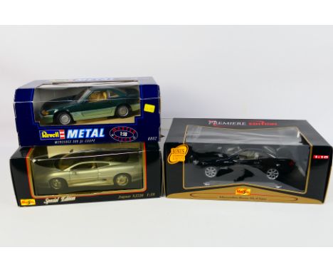 Maisto - Revell - 3 x boxed cars in 1:18 scale, Mercedes Benz 500 SL # 8802, Jaguar XJ220 # 31807 and Mercedes Benz SL Class 