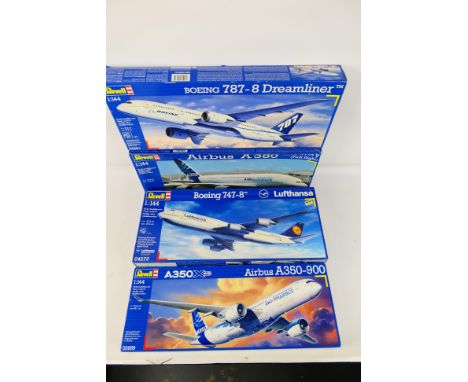 Revell - Four boxed Revell 1:144 scale plastic model airliner kits. Lot consist of Revell #04218 Airbus A380 New Livery (Firs