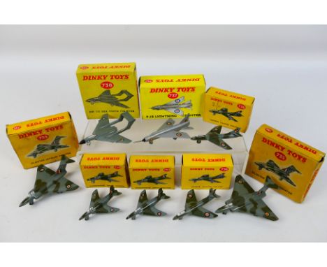 Dinky Toys - A squadron of eight boxed Dinky Toy model aircraft. Lot includes Dinky #737 P.IB Lightning Fighter; #738 DH110 S