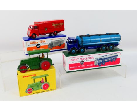Dinky - 3 x commercial vehicles, Aveling Barford Diesel Roller, Foden 14 Ton Tanker # 504 and Guy Slumberland Van # 514. The 