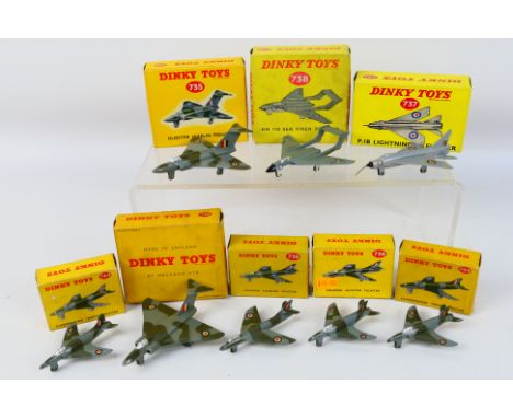 Dinky Toys - Eight boxed Dinky Toy model aircraft. Lot includes Dinky #737 P.IB Lightning Fighter; #738 DH110 Sea Vixen Fight