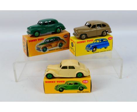 Dinky - 3 x cars, Morris Oxford in dark green with light green wheel hubs # 159, Riley saloon in cream with green wheels # 15