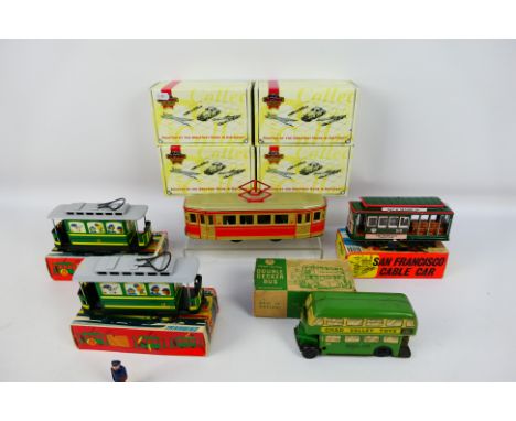 Chad Valley - Matchbox - Tramblind - Tinplate - Five tinplate vehicles in varying sixes to include three trams in very good c