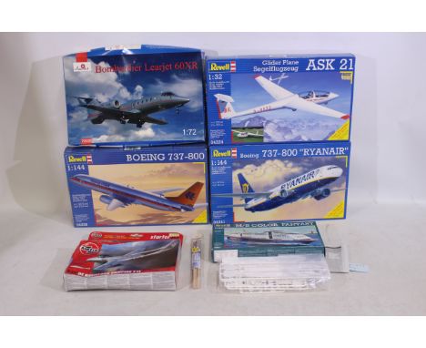 Revell - Airfix - Amodel - Six boxed plastic model kits in various scales. Lot includes Amodel; #72325 1:72 Bombardier Learje