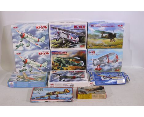 ICM - Revell- Other - 11 boxed 1:72 scale plastic model military aircraft kits. Lot includes ICM #72202 Ki-27b Japan Army Fig
