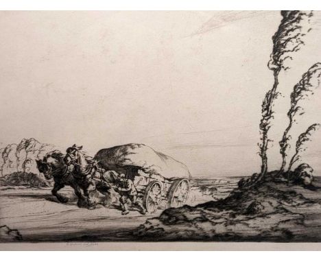 Ernest Herbert Whydale (British.1886-1952) A man and cart drawn by two horses uphill,Singed in pencil,Etching,27cm x 31cm;Wit