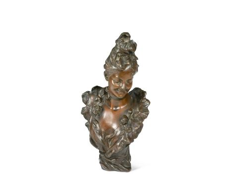 Victor Leopold Bruyneel (1859-??), Buste de Jeune Femme, a brown-patinated Art Nouveau bronze bust of a young lady, signed to