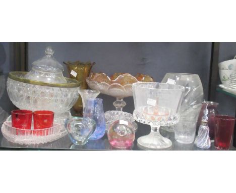 A collection of decorative glassware including a Caithness paperweight