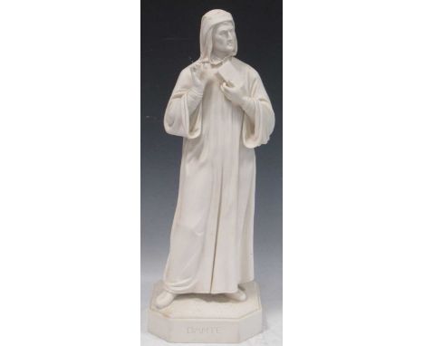 A Worcester Parian figure of Dante, standing holding a book, on an octagonal plinth, 48.5cms29chips to the foot of the plinth