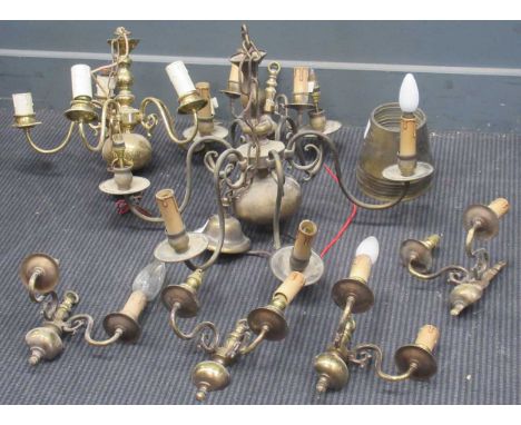 A six branch ceiling light, each branch with a brass shade, fitted for small bayonet bulbs, and complete with brass ceiling r