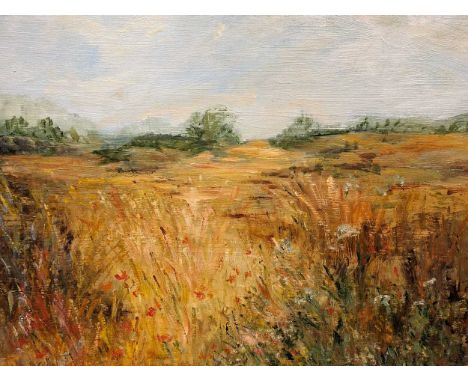 Eileen Searle (Modern British School) Harvest Time in Roseland, Cornwall,Signed,Oil on board,39cm x 49cm:With a further signe