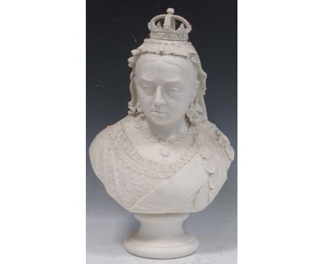 A Parian bust of Queen Victoria by Robinson and Leadbeater, produced to commemorate the Diamond Jubilee,1897, 38.5cm highR J 
