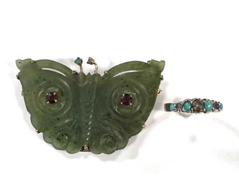 A nephrite jade and gem set butterfly brooch, tested as 9ct gold, together with a turquoise and diamond ring tested as 9ct go