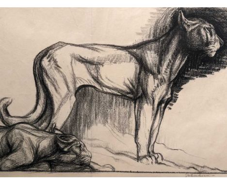 Elsie Henderson (British. 1880-1967) Lionesses, Signed in pencil and inscribed with 'extra proof' in pencilLithograph on trac