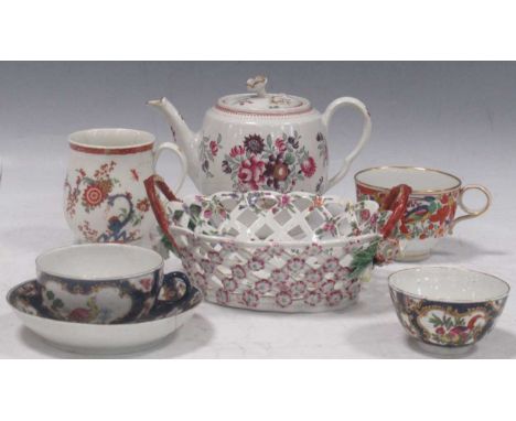 A group of 18th century Worcester polychrome porcelain, to include a two-handled pierced basket, a barrel-shaped teapot, a be