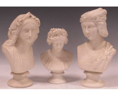 A 19th century Parian bust of Viola as Page, Cenonie; another young woman with laurel wreath adn another classical bust, larg