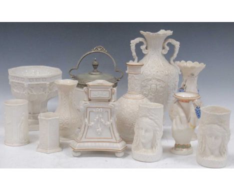 A collection of Parian ware,  to include a Mintons Parian font (lacking cover), a Worcester Parian spill vase modelled as a h
